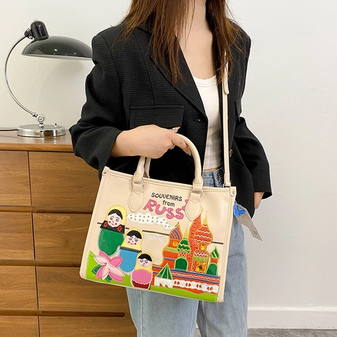 Borsa Tote In Pelle PU Grande Capacità Ricamo Matrioska Russa Cattedrale Borsa A Mano Da Donna