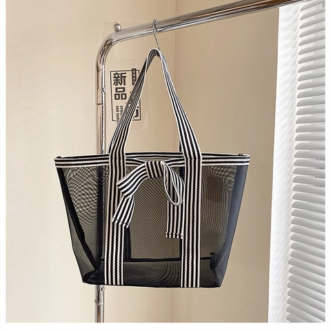 Damen Nylon Netztasche Transparent Handtasche Mit Gestreiften Trägern Und Schleifendekor Geräumige Reise Unterarmtasche