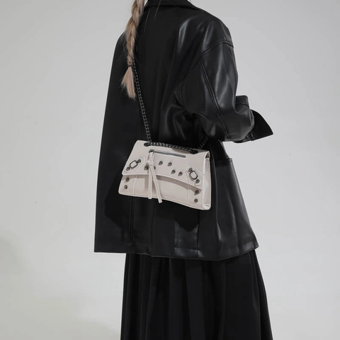 French Niche Motorcycle Style Studded Crossbody Bag For Women PU Leather Metal Chain Square Shoulder Bag With Tassels