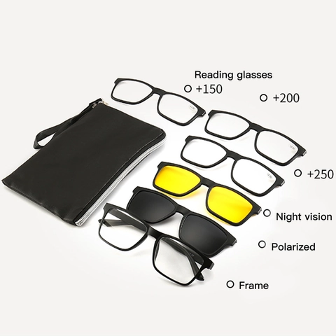 Magnetic Clip On Sunglasses Reading Glasses TR90 Square Frame Polarized Night Vision Eyewear Universal Fit