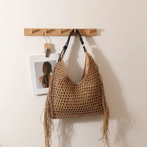 Gewebte Quasten Schultertasche Durchbrochen Baumwolle Boho Strand Urlaub Hobo Tasche Mit Verstellbarem Lederriemen Reißverschluss