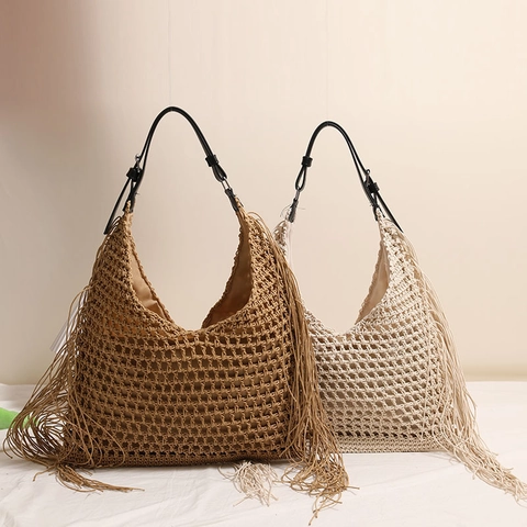 Gewebte Quasten Schultertasche Durchbrochen Baumwolle Boho Strand Urlaub Hobo Tasche Mit Verstellbarem Lederriemen Reißverschluss