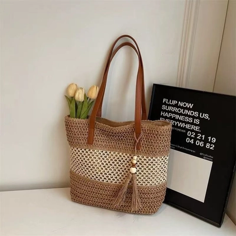 Bolso Tote Tejido Para Mujer Paja De Papel Rayas Color Block Borla Cuentas De Madera Asa De Cuero PU Cremallera Playa Verano Boho