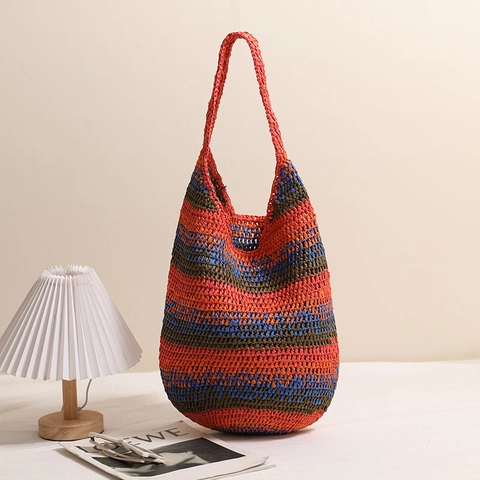 Borsa A Spalla In Paglia Da Donna Strisce Colorate Carta Intrecciata Grande Capacità Spiaggia Vacanza Bohemian Casual Tote Hobo