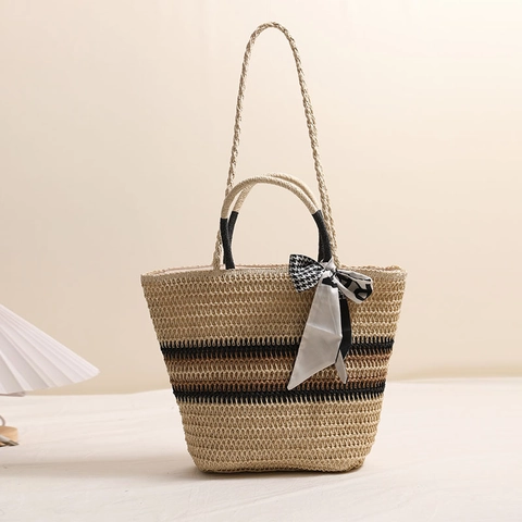 Borsa Tote In Paglia A Righe Da Donna Borsa A Spalla Intrecciata Con Sciarpa Di Raso Grande Capacità Vacanze Mare