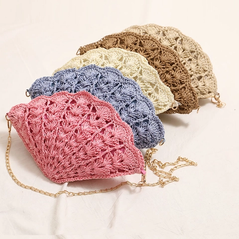 Bolso De Paja Tejida Con Forma De Concha Para Mujer Diseño Hueco De Abanico Bandolera De Playa Vacaciones