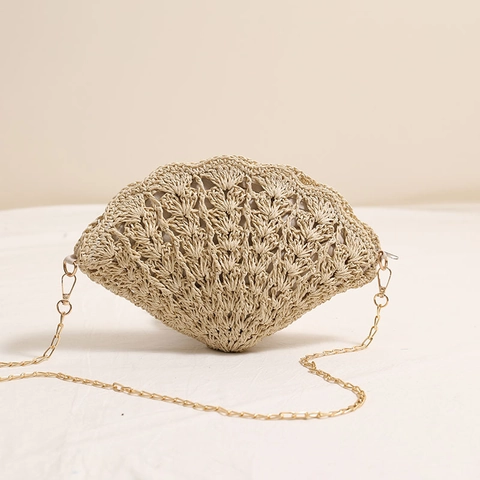 Bolso De Paja Tejida Con Forma De Concha Para Mujer Diseño Hueco De Abanico Bandolera De Playa Vacaciones