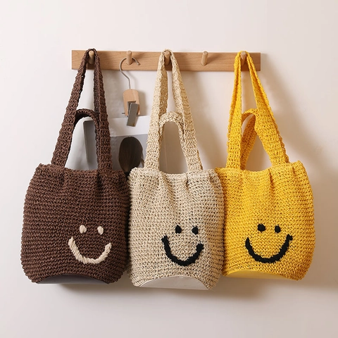 Borsa Tote Intrecciata Smile Face Uncinetto Fatto A Mano Paglia Per Vacanze Estive In Spiaggia Casual Quotidiano