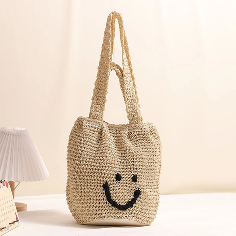 Borsa Tote Intrecciata Smile Face Uncinetto Fatto A Mano Paglia Per Vacanze Estive In Spiaggia Casual Quotidiano
