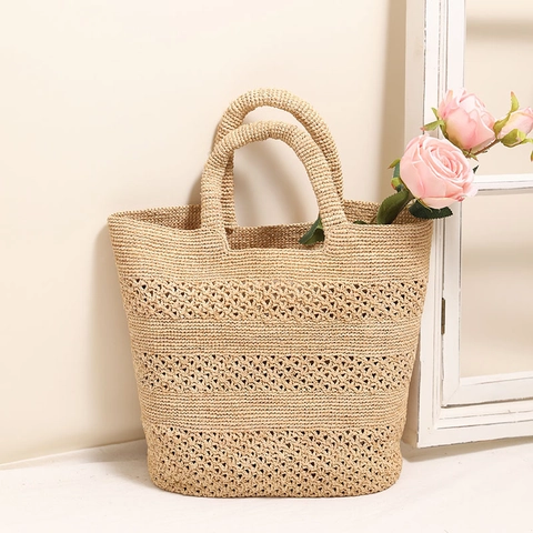 Bolso De Mano De Paja De Rafia Para Mujer Bolso De Compras Tejido Calado Gran Capacidad Vacaciones Playa Verano