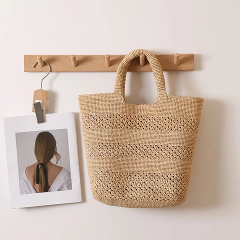 Bolso De Mano De Paja De Rafia Para Mujer Bolso De Compras Tejido Calado Gran Capacidad Vacaciones Playa Verano