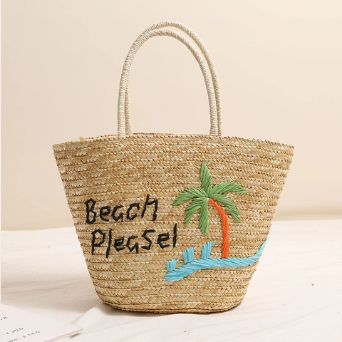 Borsa Da Donna In Paglia Intrecciata Con Ricamo Di Palme Beach Please Vacanze Estive Borsa Tote Grande