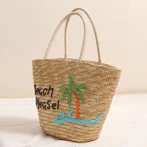 Borsa Da Donna In Paglia Intrecciata Con Ricamo Di Palme Beach Please Vacanze Estive Borsa Tote Grande