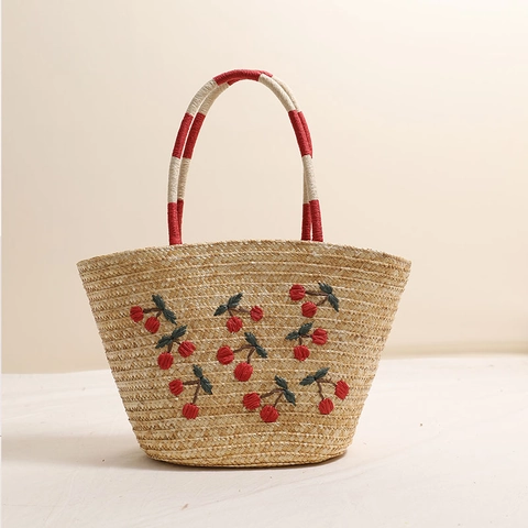 Borsa A Spalla In Paglia Intrecciata Con Ricamo Di Ciliegie Grande Capacità Tote Da Spiaggia Estiva Per Donne Borsa Casual