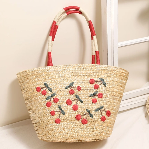 Borsa A Spalla In Paglia Intrecciata Con Ricamo Di Ciliegie Grande Capacità Tote Da Spiaggia Estiva Per Donne Borsa Casual