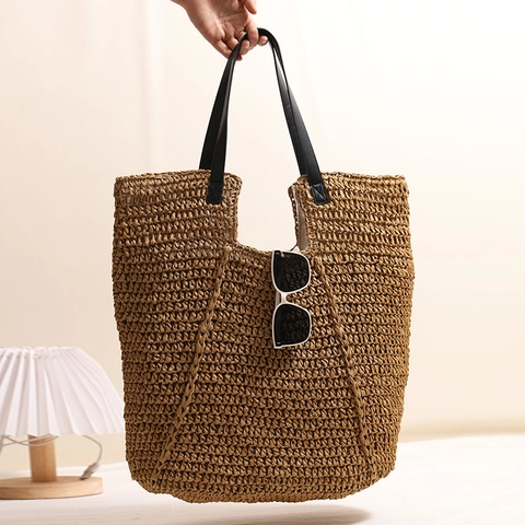 Borsa Tote In Paglia Intrecciata Grande Capacità Borsa A Spalla In Carta Con Manici In Pelle PU Vacanze Spiaggia Estate Donna