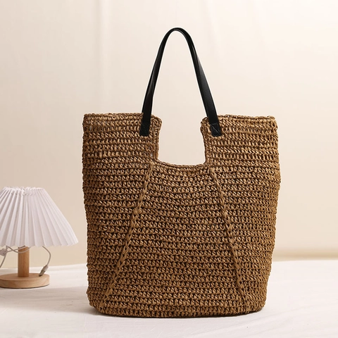 Borsa Tote In Paglia Intrecciata Grande Capacità Borsa A Spalla In Carta Con Manici In Pelle PU Vacanze Spiaggia Estate Donna