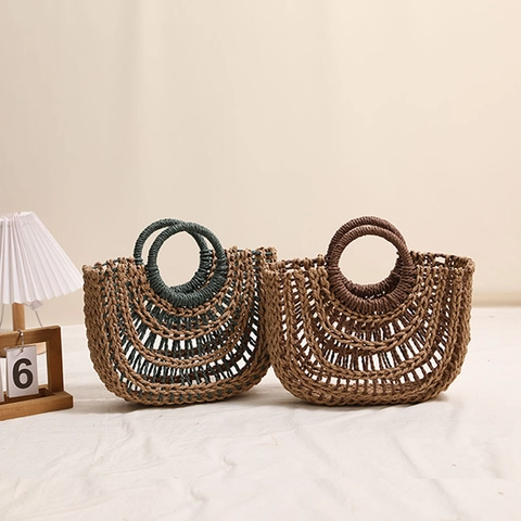 Borsa A Mano In Paglia Intrecciata Da Donna Svuotata Manico Rotondo Estate Spiaggia Vacanze Mezza Luna Stile Boho