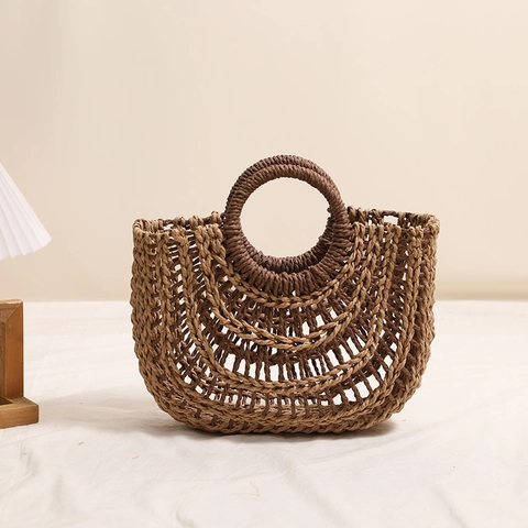 Borsa A Mano In Paglia Intrecciata Da Donna Svuotata Manico Rotondo Estate Spiaggia Vacanze Mezza Luna Stile Boho