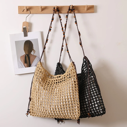 Borsa A Spalla In Paglia Intrecciata Donna Tracolla In Perline Di Legno Design A Rete Borsa Hobo Vacanze E Borsa Interna