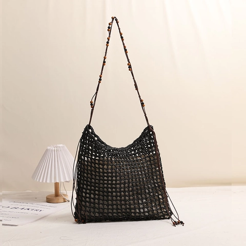 Borsa A Spalla In Paglia Intrecciata Donna Tracolla In Perline Di Legno Design A Rete Borsa Hobo Vacanze E Borsa Interna