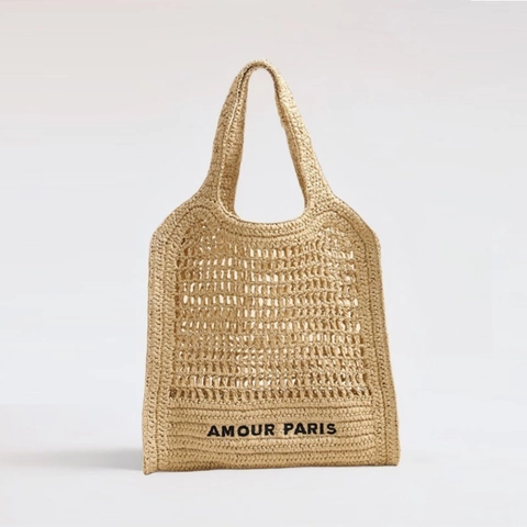 Bolso Tote De Paja Para Mujer Bolso De Hombro Tejido De Papel Calado Gran Capacidad Vacaciones En La Playa Estilo Francés Amour Paris