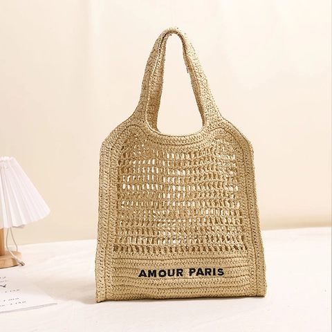 Bolso Tote De Paja Para Mujer Bolso De Hombro Tejido De Papel Calado Gran Capacidad Vacaciones En La Playa Estilo Francés Amour Paris
