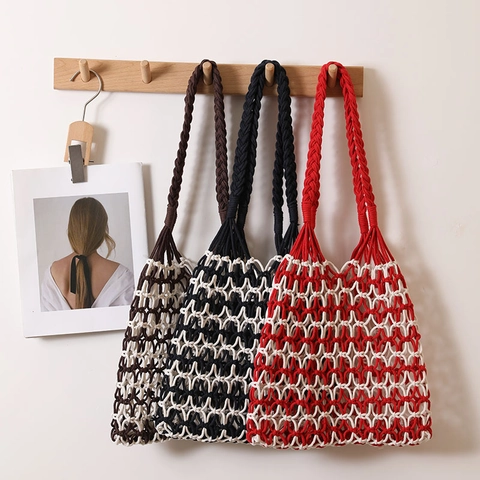 Bolso De Hombro Tejido A Mano De Algodón Malla Hueca Color Contrastado Bolso De Playa Vacaciones Para Mujeres
