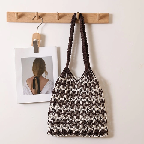 Bolso De Hombro Tejido A Mano De Algodón Malla Hueca Color Contrastado Bolso De Playa Vacaciones Para Mujeres
