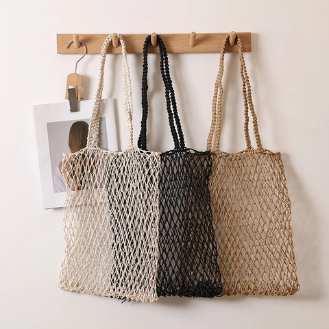 Gewebte Netztasche Lochmuster Tote Baumwollseil Häkel Schultertasche Mit Innenfutter Für Strand Urlaub Frauen Große Kapazität