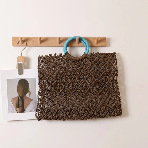 Woven Straw Handbag Paper Rope Hollow Out Square Tote Bag With Blue Round Handles Summer Beach Vacation For Women