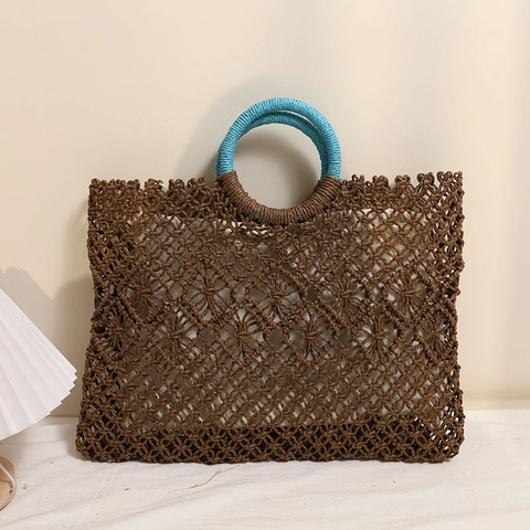 Woven Straw Handbag Paper Rope Hollow Out Square Tote Bag With Blue Round Handles Summer Beach Vacation For Women