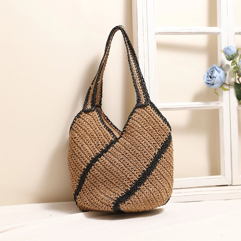 Borsa A Spalla In Paglia Intrecciata A Righe Geometriche Tote In Paglia Di Carta Grande Capacità Per Vacanze Al Mare