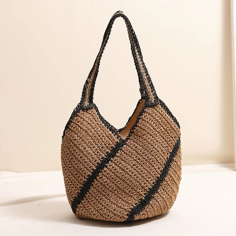 Borsa A Spalla In Paglia Intrecciata A Righe Geometriche Tote In Paglia Di Carta Grande Capacità Per Vacanze Al Mare