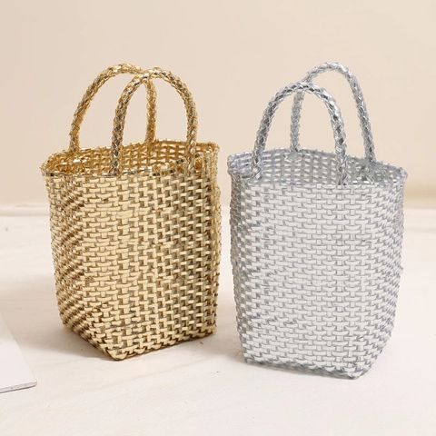 Woven Basket Handbag PVC Metallic Luster Solid Color Large Capacity Vacation Beach Tote For Women Chic Urban Style