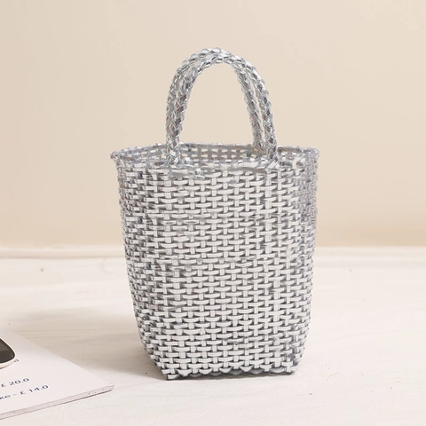 Woven Basket Handbag PVC Metallic Luster Solid Color Large Capacity Vacation Beach Tote For Women Chic Urban Style