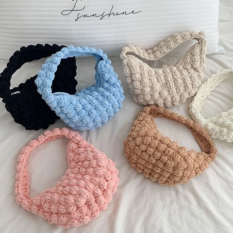 Popcorn Stitch Crochet Handbag For Women Chunky Knit Bubble Texture Hobo Bag Handmade Chic Casual Zipper Tote