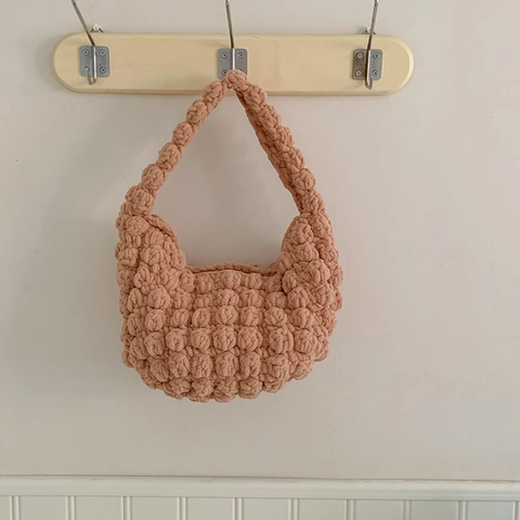 Popcorn Stitch Crochet Handbag For Women Chunky Knit Bubble Texture Hobo Bag Handmade Chic Casual Zipper Tote