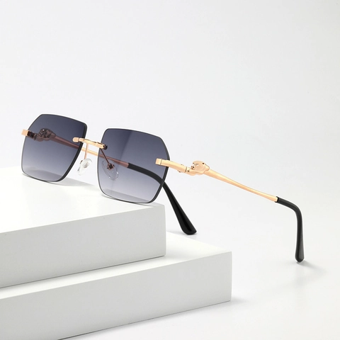 Rimless Sunglasses Metal Frame Leopard Head Decor Gradient Lenses UV Protection Fashion Eyewear For Women Streetwear