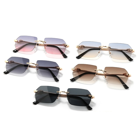 Rimless Sunglasses Metal Frame Leopard Head Decor Gradient Lenses UV Protection Fashion Eyewear For Women Streetwear