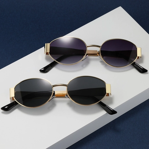 Lunettes De Soleil Ovales Rétro Femmes Monture Métallique Verre AC Protection UV400 Accessoire Mode Extérieur