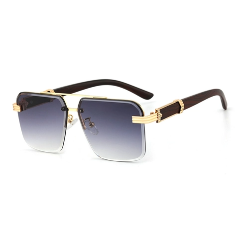 Square Rimless Sunglasses Metal Frame Wood Grain Temples Gradient UV400 Fashion Luxury Eyewear For Men Women