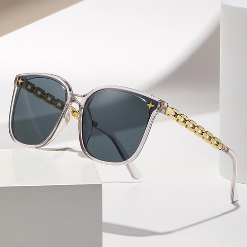 Women Sunglasses UV400 Protection Square Oversized Frame Plastic Metal Chain Temples Star Rivets Trendy Summer Outdoor