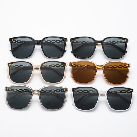 Women Sunglasses UV400 Protection Square Oversized Frame Plastic Metal Chain Temples Star Rivets Trendy Summer Outdoor