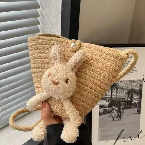 Carina Borsa A Tracolla Intrecciata Borsa A Secchiello Decorazione Coniglio Peluche Bottone Perla Artificial Fatto A Mano Per Ragazze Donne