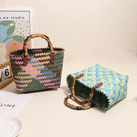 Borsa A Mano Intrecciata A Mano Colorata Con Manici In Bambù Retro Quadrata Plastica Stile Paglia Vacanze Spiaggia Tote Per Donne