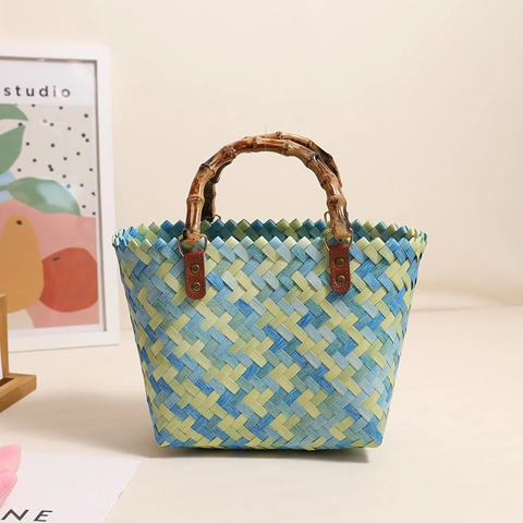 Borsa A Mano Intrecciata A Mano Colorata Con Manici In Bambù Retro Quadrata Plastica Stile Paglia Vacanze Spiaggia Tote Per Donne