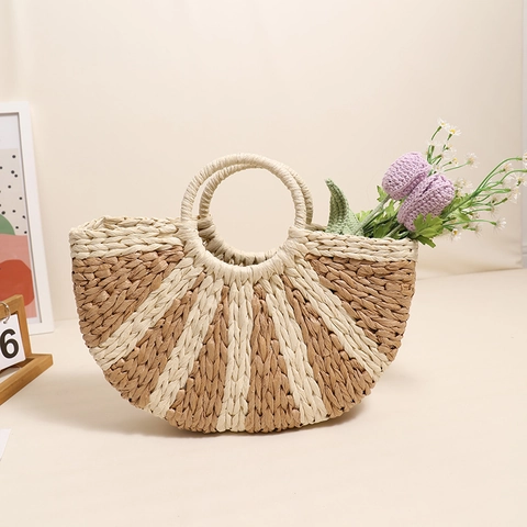 Borsa A Mano Intrecciata Paglia Di Carta Mezzaluna Righe Borsa Da Spiaggia Vacanze Estive Stile Boho Con Manici Tondi