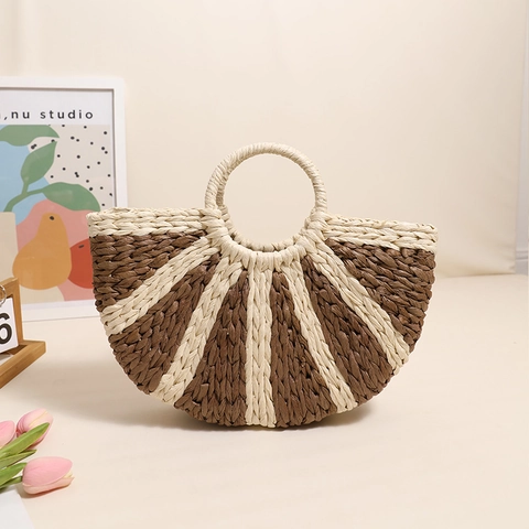 Borsa A Mano Intrecciata Paglia Di Carta Mezzaluna Righe Borsa Da Spiaggia Vacanze Estive Stile Boho Con Manici Tondi