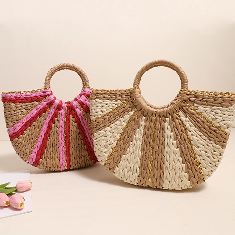 Borsa A Mano In Paglia Intrecciata Semicircolare Con Filo Dorato A Righe A Forma Di Ventaglio Per Donna
